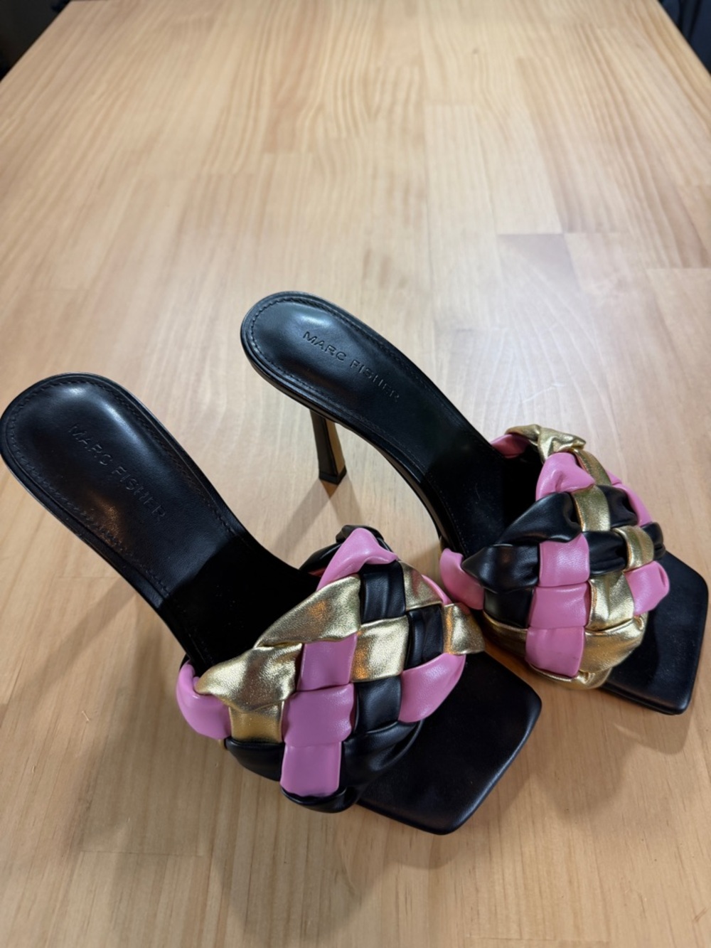 Marc Fisher Pink, Gold & Black Braided Leather High Heel Mule B10